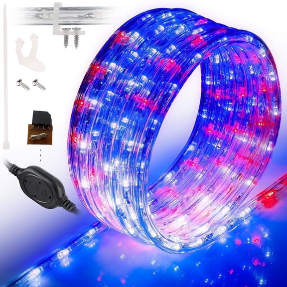 WYZworks 1116LEDs, 100ft USA American Flag Red White Blue Outside LED Rope Light, 8 Modes, Connectable Outdoor Permanent Waterproof Accent Exterior Lighting, PVC Case, Palm Tree, Backyard Patio