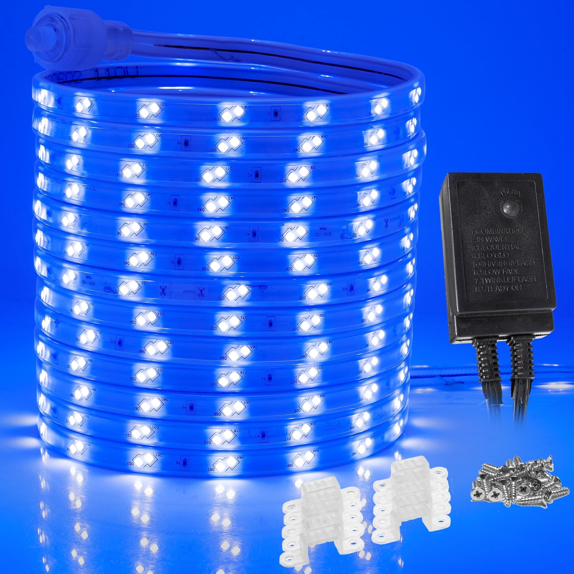WYZworks 1860LEDs, 100ft Blue 16-Mode Flat LED Outside Strip Lights, SMD 2835, Waterproof Permanent Heavy Duty Outdoor Exterior Accent Lighting, ETL Certified, Connectable Flexible Clear PVC Shell