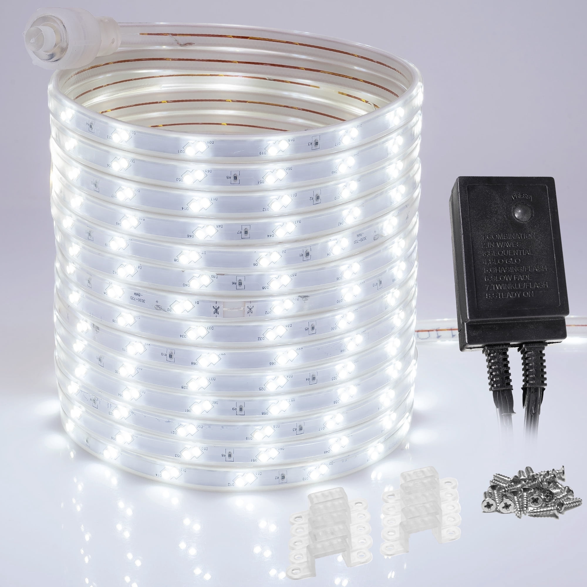 WYZworks 1860LEDs 100ft Cool White 16-Mode Flat LED Outside Strip Lights SMD 2835 Waterproof Permanent Heavy Duty Outdoor Exterior Accent Lighting, ETL Certified, Connectable Flexible Clear PVC Shell