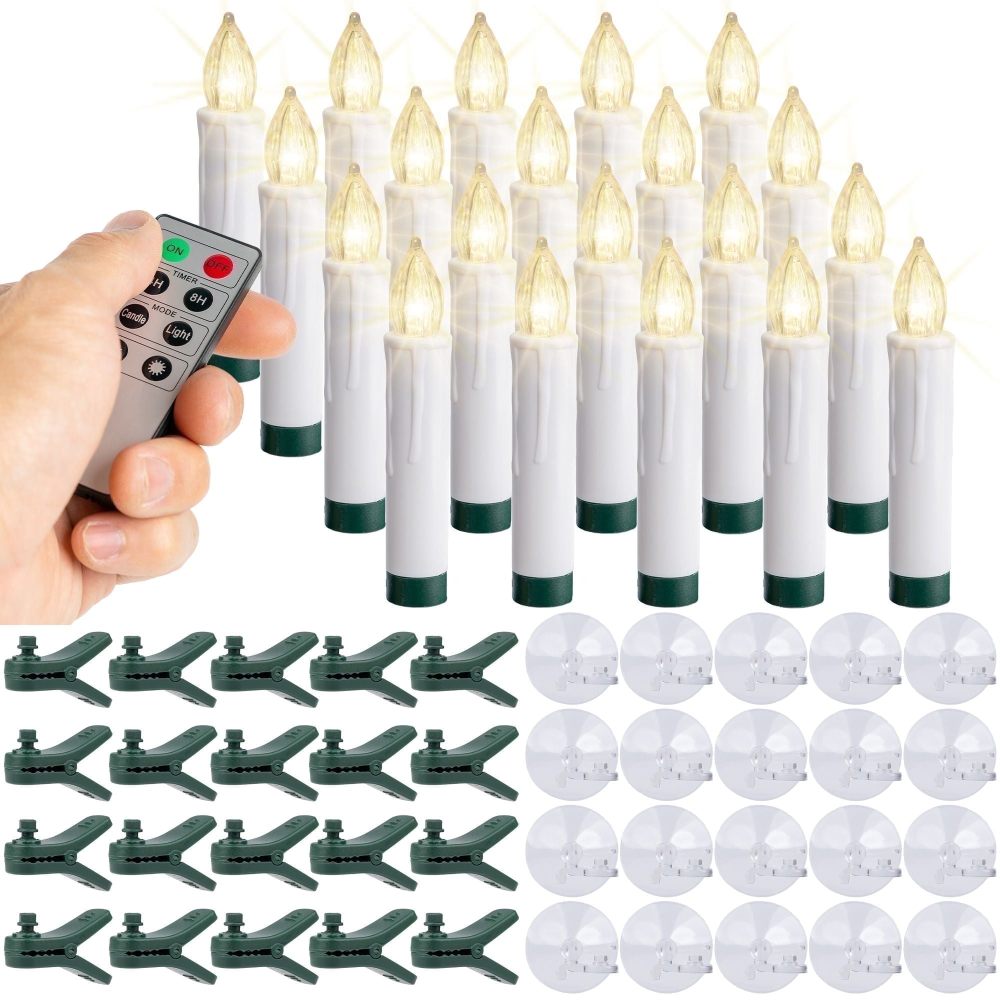 WYZworks 20 Pack 3.5" Battery Operated Flameless Flickering Clip-On Mini Candle w/Remote Controller, Timer Function, Drip Effect, Decorative Ornaments for Christmas Trees, Wreaths