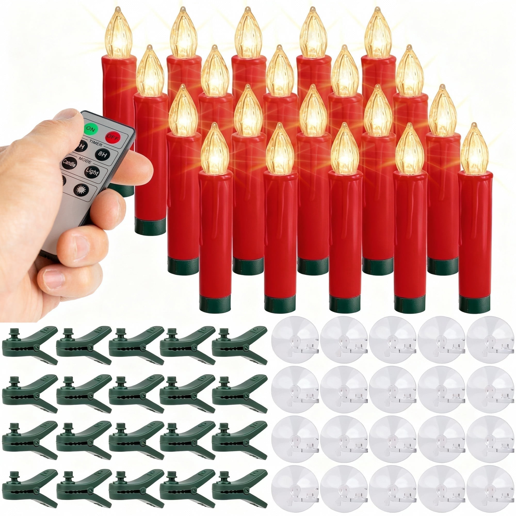 WYZworks 20 Pack LED Flameless Red Taper Clip On/Suction Cup Candles for Christmas Tree/Window Candle, 3.5" Flickering Warm White Candle Lights Ornaments, Crown Wreath, Battery Operated, Remote/Timer