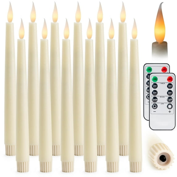 WYZworks 24 Pack, 10" LED Flameless Ivory Real Wax Taper Candles w/Remote Controller, On/Off Button, Dimmable, Flicker/Static Mode, Battery Operated, Holiday Christmas Menorah Home Wedding Decor