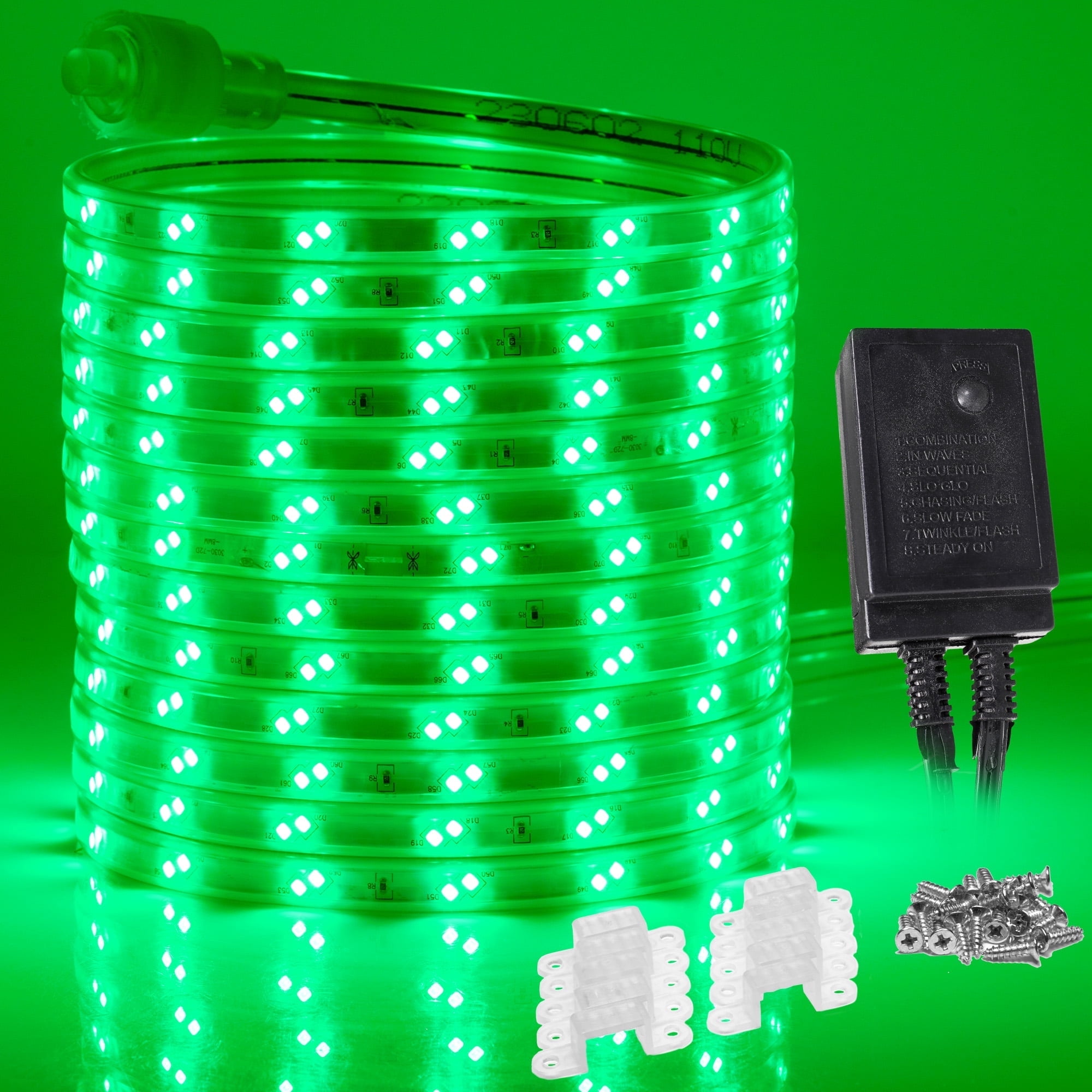 WYZworks 2760LEDs, 150ft Green 16-Mode Flat LED Outside Strip Lights, SMD 2835, Waterproof Permanent Heavy Duty Outdoor Exterior Accent Lighting, ETL Certified, Connectable Flexible Clear PVC Shell