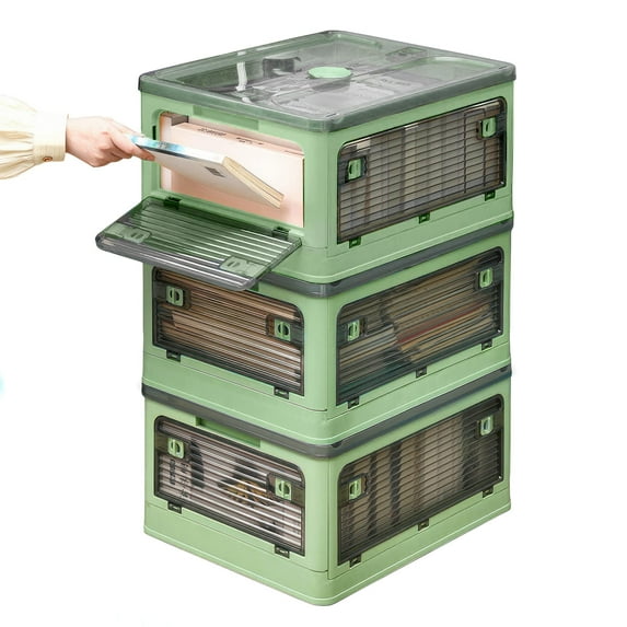 WYZworks 3 Pack Collapsible Storage Boxes with 5 sides Opening - Foldable Stackable Plastic Storage Box Tote w/Wheels Designed for Clothing, Snack Pantry, Toys, Side Latching Locks - 95L - Green