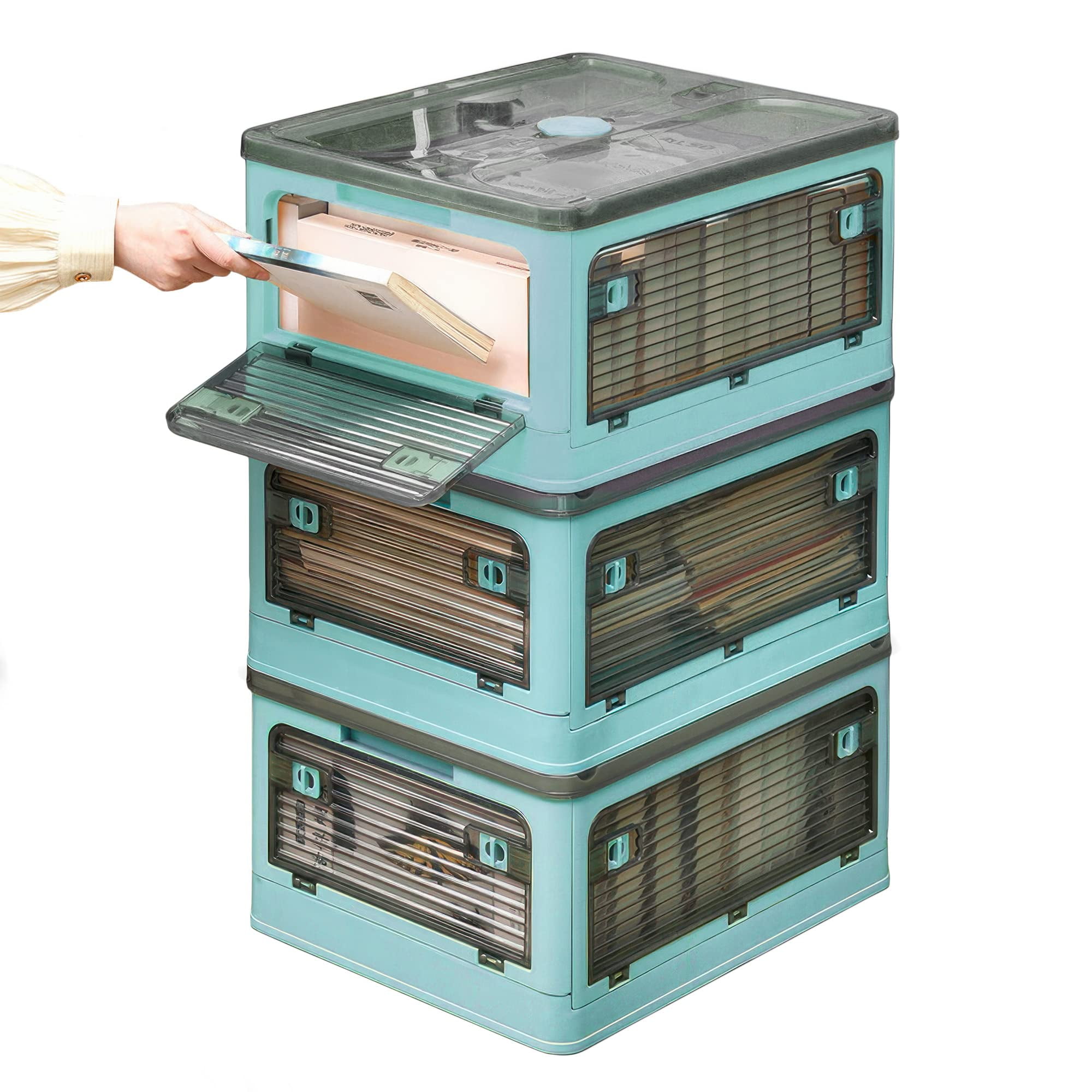 WYZworks 3 Pack Collapsible Storage Boxes with 5 sides Opening Foldable Stackable Plastic