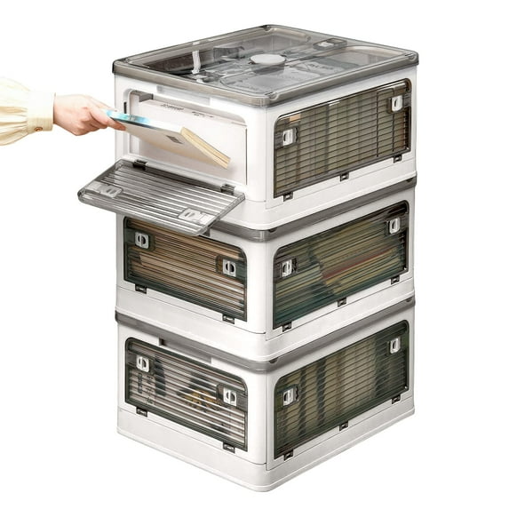 WYZworks 3 Pack Collapsible Storage Boxes with 5 sides Opening - Foldable Stackable Plastic Storage Box Tote w/Wheels Designed for Clothing, Snack Pantry, Toys, Side Latching Locks - 20L - White
