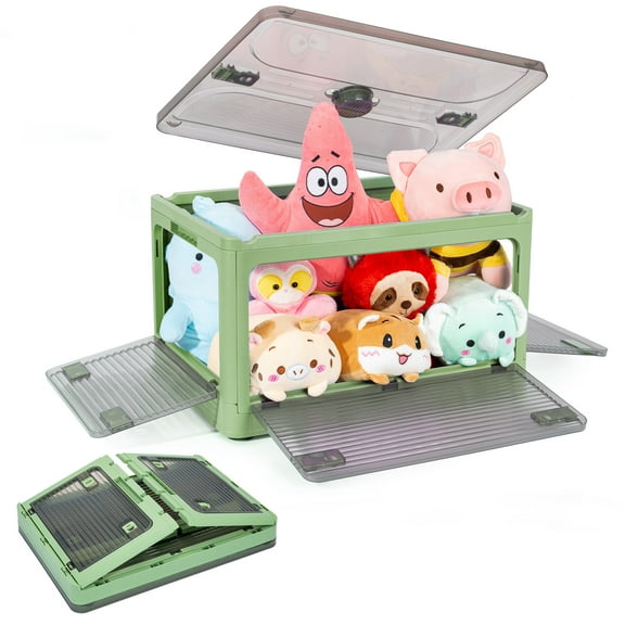 WYZworks 5 Door Foldable Stackable Plastic Storage Box Tote w/ Detachable Wheels, Transparent Lid and Panels, Side Latching Locks, Quick Collapsible Organizing Bin, Size XL 95L, Green