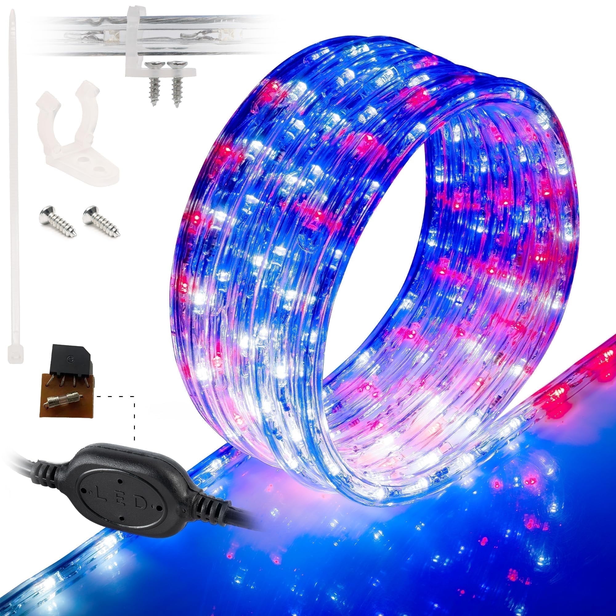 WYZworks 576LEDs 50ft LED USA Patriotic American Red White Blue Outside Rope Lights, Outdoor ETL Certified Waterproof Permanent 360 Degree Light, Flexible Tube, Connectable, Palm Tree Exterior