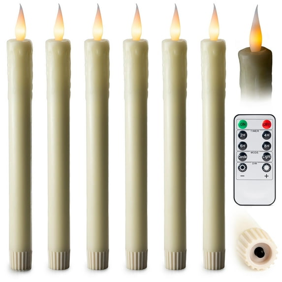 WYZworks 6 Pack, 10" LED Flameless Ivory Real Wax Drip Taper Pillar Candles w/Remote Control, On/Off Button, Dimmable, Flicker/Static Mode, Battery Operated, Holiday Christmas Menorah Wedding Decor