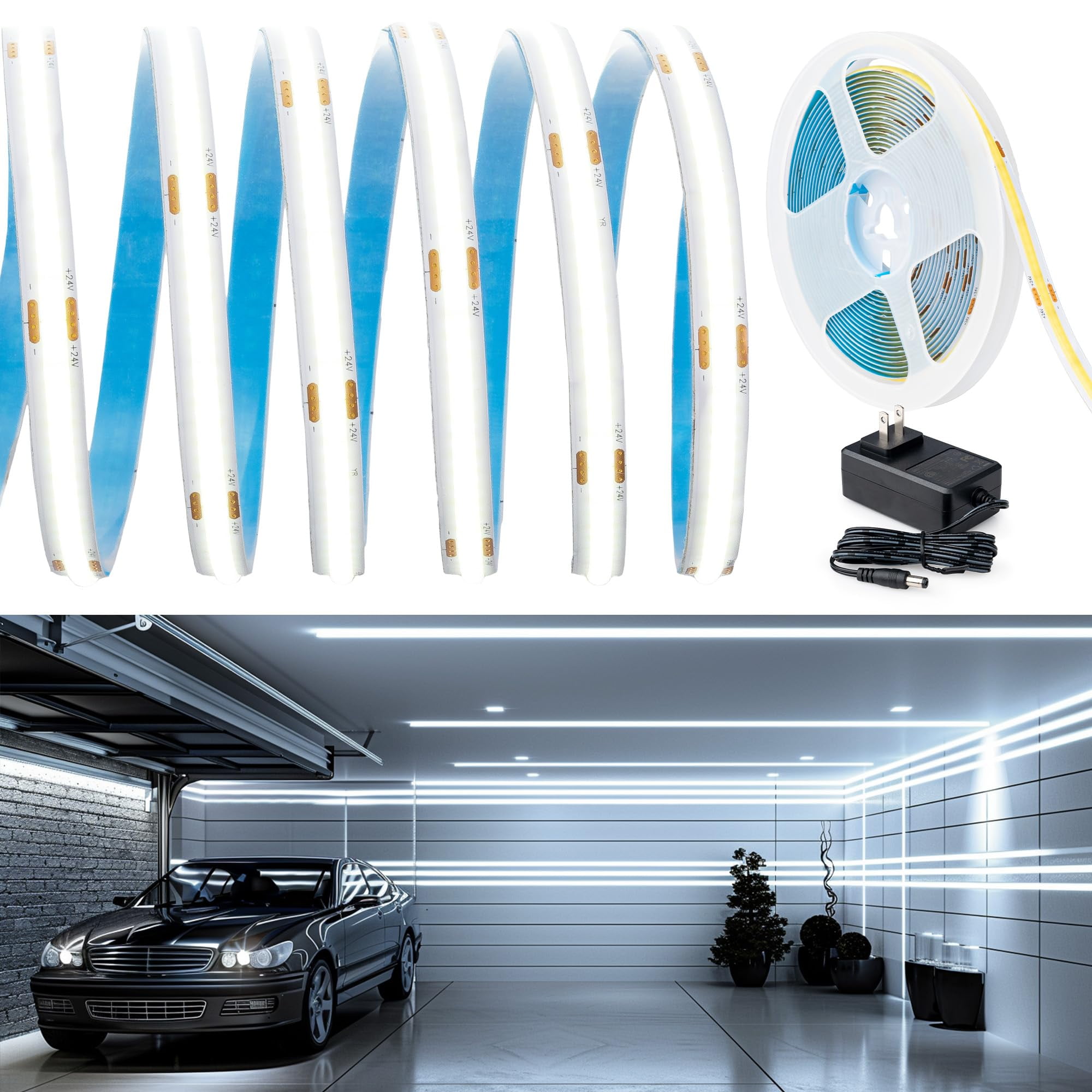 WYZworks COB LED Strip Light 16.4ft/5m, CRI 90+ 6000K 3200LEDs Daylight  White Super Bright High Lumen Tape Light, DC24V, Cuttable, ETL Power Supply  for DIY Linear Troughs, Cabinets, Home Lighting - Walmart, image size:2000x2000