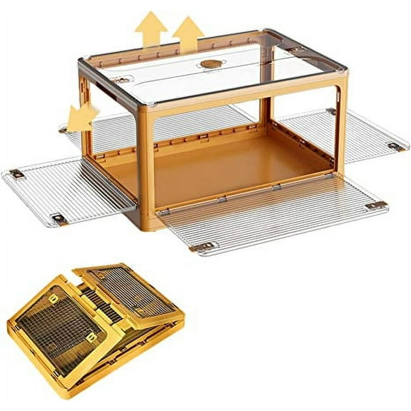 WYZworks Collapsible Storage Boxes with 5 sides Opening - Foldable Stackable Plastic Storage Box Tote w/Wheels Designed for Clothing, Snack Pantry, Toys, Side Latching Locks - 95L - Yellow