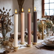 WYZworks Coordinated Chocolatey Mocha Brown 4 Pack Set, 10" LED Flameless Fluted Ribbed Grooved Taper Candles, Remote & Timer Memory, On/Off Button, Dimmable, Battery Operated, Menorah Wedding