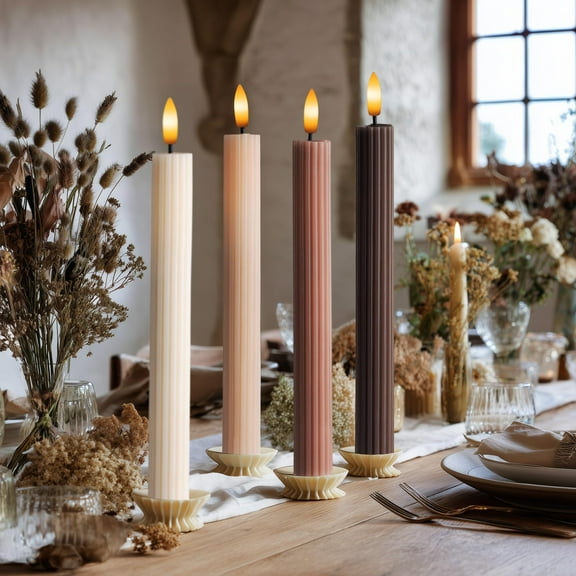 WYZworks Coordinated Chocolatey Mocha Brown 4 Pack Set, 10" LED Flameless Fluted Ribbed Grooved Taper Candles, Remote & Timer Memory, On/Off Button, Dimmable, Battery Operated, Menorah Wedding