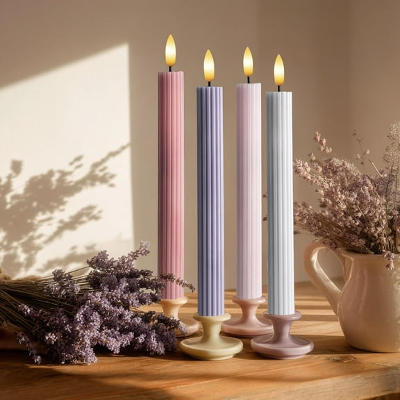 WYZworks Coordinated Dusty Mauve Pinkish Lilac 4 Pack Set, 10" LED Flameless Fluted Ribbed Grooved Taper Candles, Remote & Timer Memory, On/Off Button, Dimmable, Battery Operated, Menorah Wedding