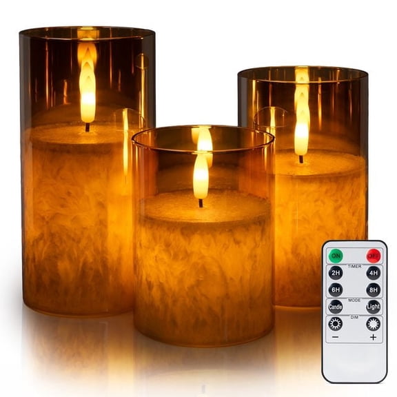 WYZworks Dual LED Full Body Glow w/ Metallic Mirrored Tinted Glass Mottled Crystallized Frosted Texture Pillar Candles, 3D Wick, Flicker Flame, Battery Operated, Remote & Timer (Set of 3, Gold)