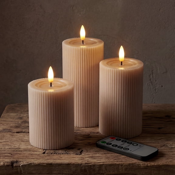 WYZworks Fluted Ribbed LED Pillar Candles, Blush Beige, with Realistic Reflective Melted-Wax Effect – Flickering Flame, Remote, Dimmable, Flameless, Battery Operated, Home & Wedding Decor (Set of 3)