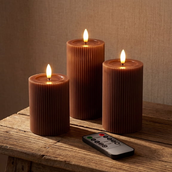 WYZworks Fluted Ribbed LED Pillar Candles, Brown, with Realistic Reflective Melted-Wax Effect – Flickering Flame, Remote, Dimmable, Flameless, Battery Operated, Home & Wedding Decor (Set of 3)