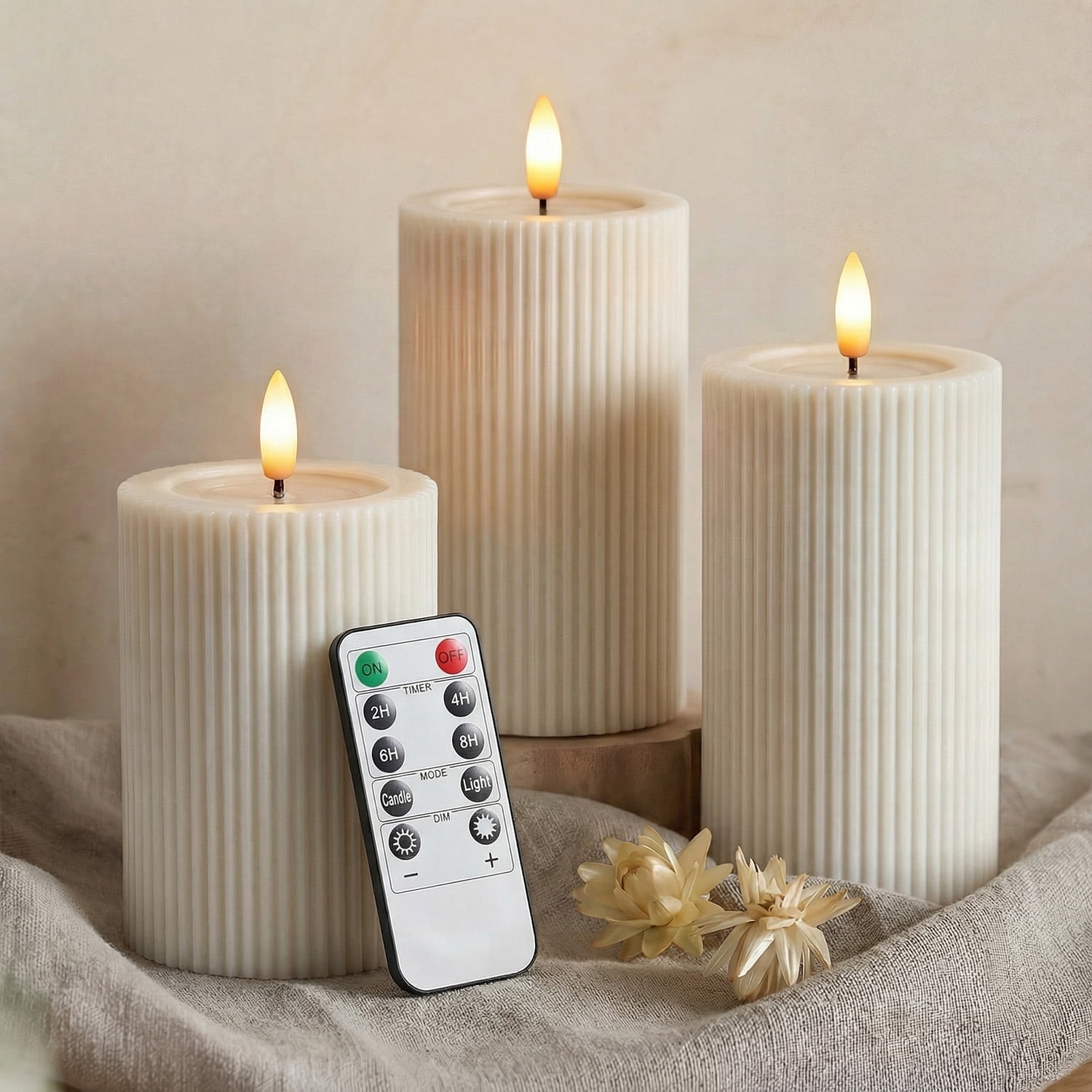 Melted Remote WYZworks Fluted Ribbed LED Pillar Candles, Loden Green, with Realistic ...