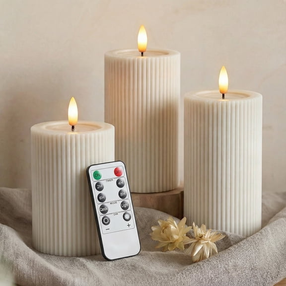 WYZworks Fluted Ribbed LED Pillar Candles, Loden Green, with Realistic Reflective Melted-Wax Effect – Flickering Flame, Remote, Dimmable, Flameless, Battery Operated, Home & Wedding Decor (Set of 3)