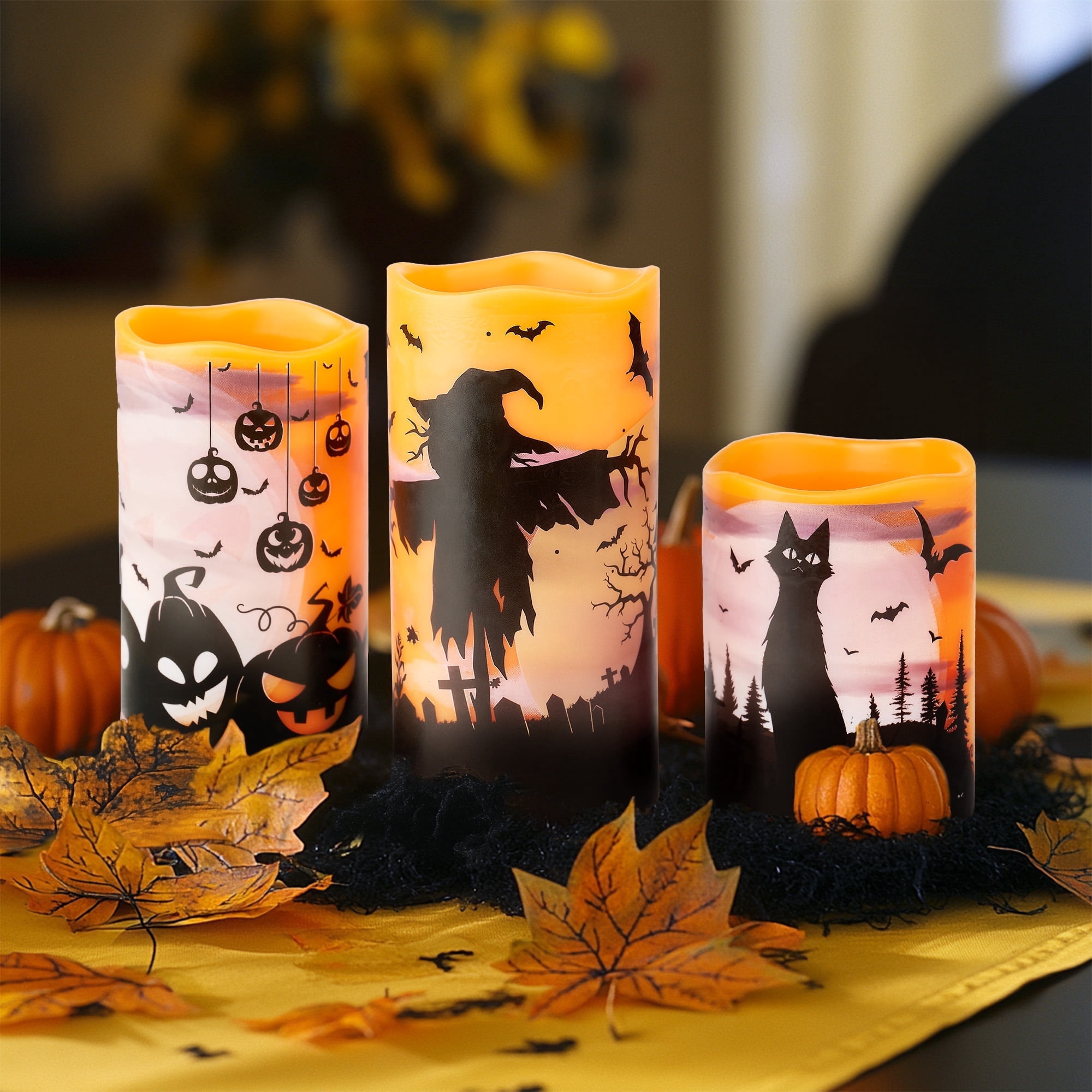 Spooky Timer Object WYZworks Halloween LED Candles Set of 3 - Flickering Flameless Pillar ...