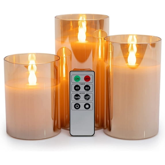 WYZworks LED Metallic Mirrored Tinted Gold Glass Flickering Dimmable Flameless Candles - Set of 3 with Remote Control