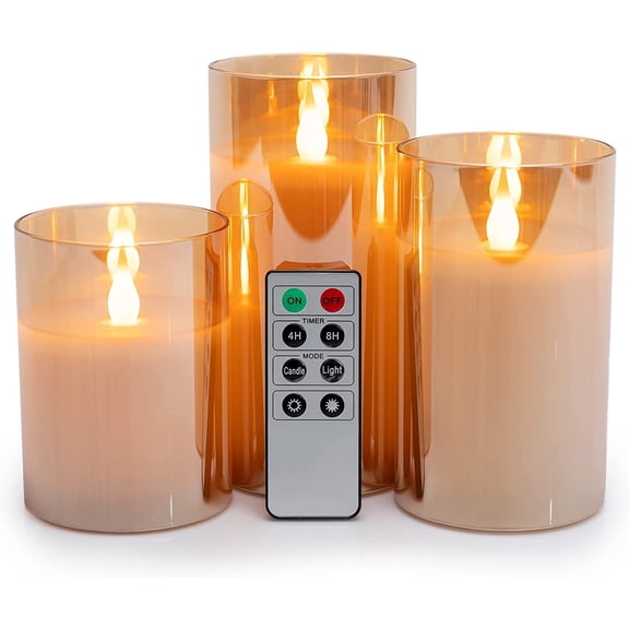 WYZworks LED Metallic Mirrored Tinted Gold Glass Flickering Dimmable Flameless Candles - Set of 3 with Remote Control