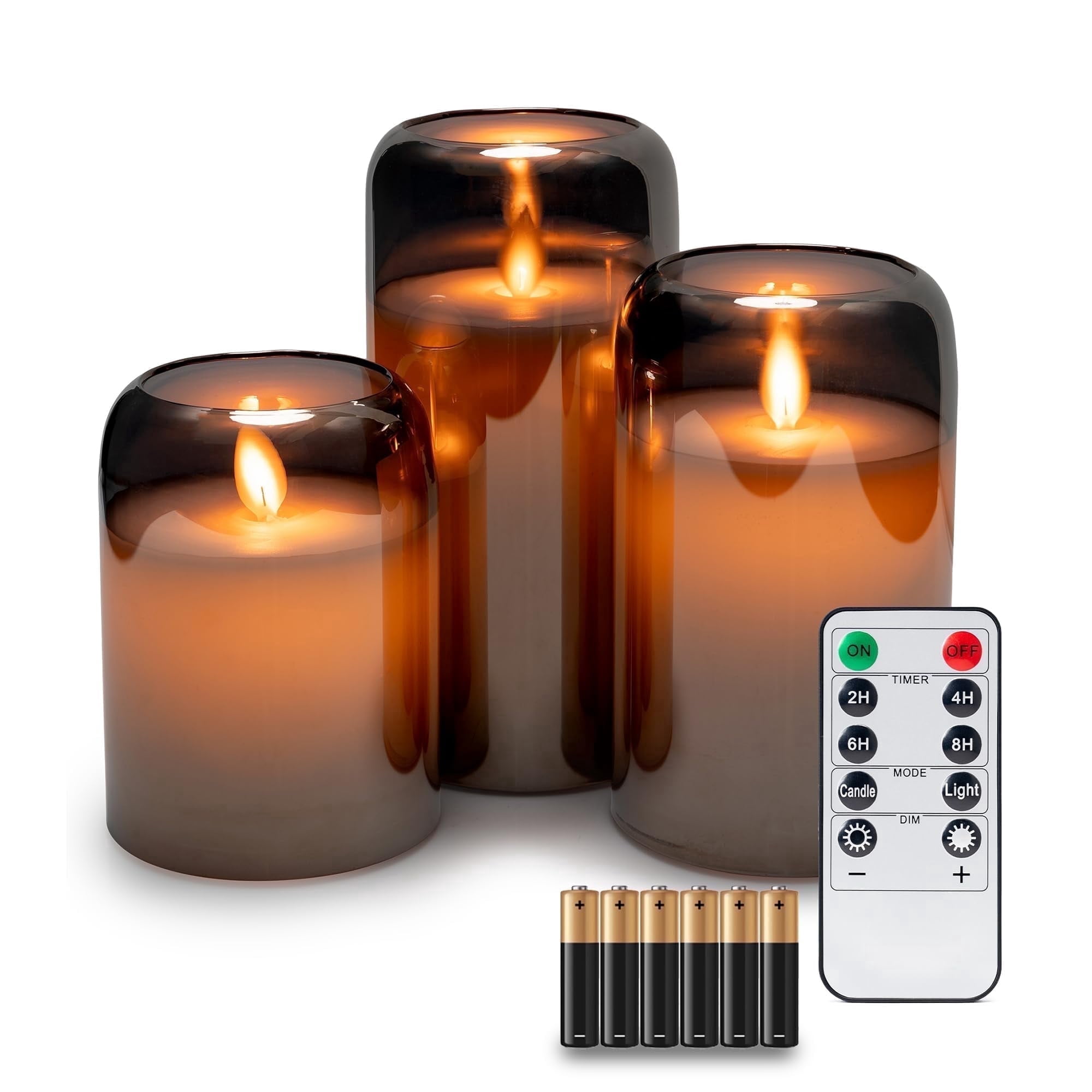 WYZworks LED Mirrored Glass Round Hurricane Pillar Flameless Candles, Real Wax Realistic Wick  Flickering Flame, Battery Operated (Included), Remote & Timer (Set of 3, Silver Gray Metallic)