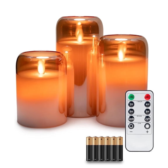 WYZworks LED Mirrored Glass Round Hurricane Pillar Flameless Candles, Real Wax Realistic Wick Flickering Flame, Battery Operated (Included), Remote & Timer (Set of 3, Gold Tinted Metallic)