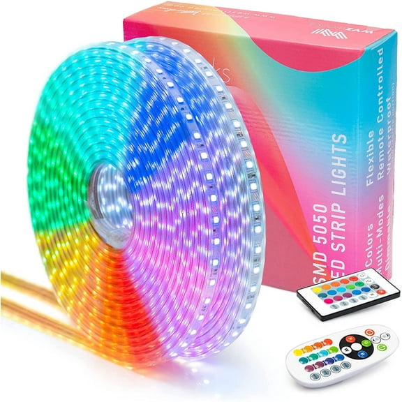 WYZworks LED Strip Lights 100 ft Flat SMD 5050, Waterproof 16 Colors Multi Modes Color Changing Permanent Outdoor Exterior Heavy Duty Flexible Shell Rope Lighting Dimmable w/ 2 Remotes, ETL Certified