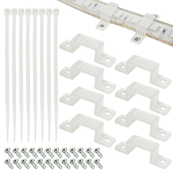WYZworks - Mounting Clips Kit - 60x Screws, 30x Brackets, 30x Zip Ties - Fix Outdoor and Indoor LED Strip Light – Use for Fence, Trees, String Lights, Wire and Cables