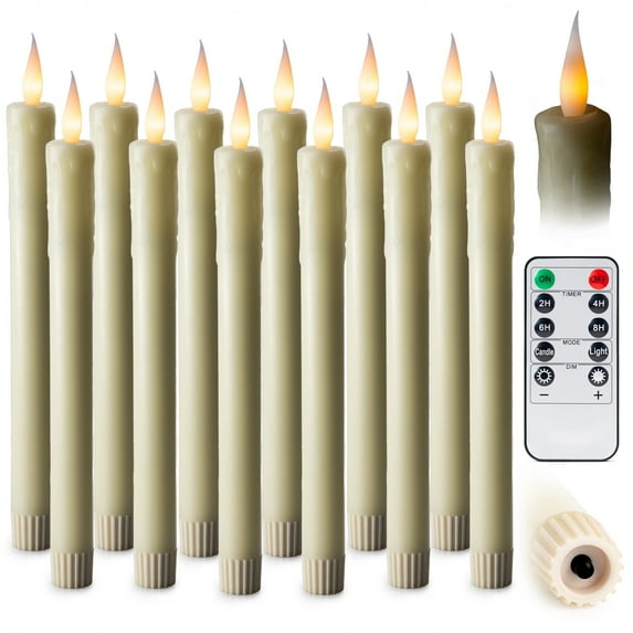 WYZworks Set of 12, 10" LED Flameless Ivory Real Wax Drip Flickering Candles Lights, Remote Control, On/Off Button, Battery Operated Candlesticks, Holiday Christmas Menorah Home Wedding Décor