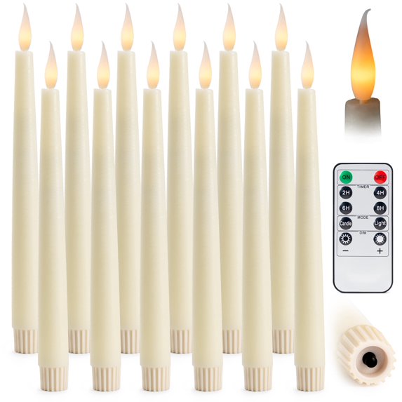 WYZworks Set of 12, 10" LED Flameless Ivory Real Wax Taper Flickering Candles Lights, Remote Control, On/Off Button, Battery Operated Candlesticks, Holiday Christmas Menorah Home Wedding Décor