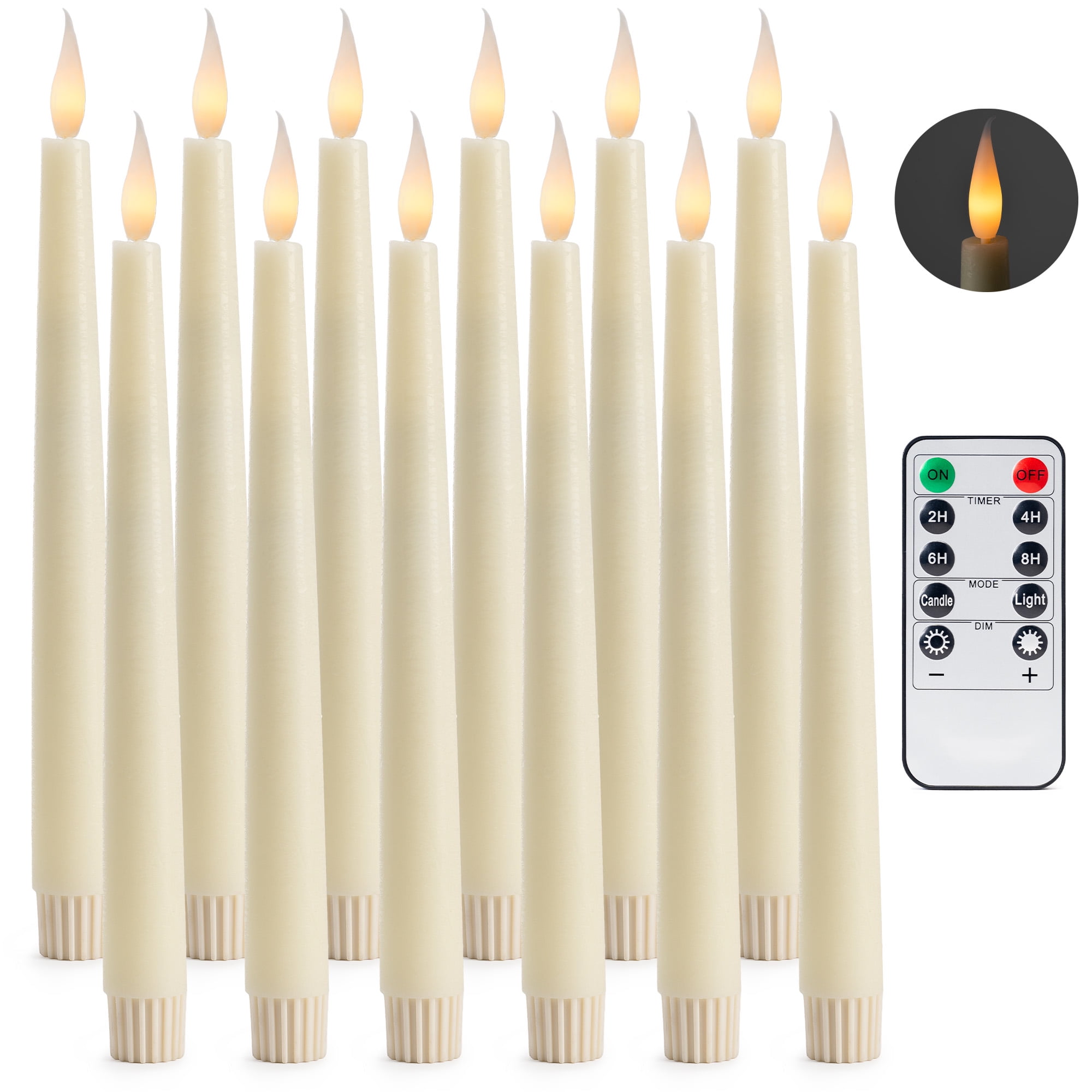 WYZworks Set of 12, 10" LED Flameless Ivory Real Wax Taper Flickering