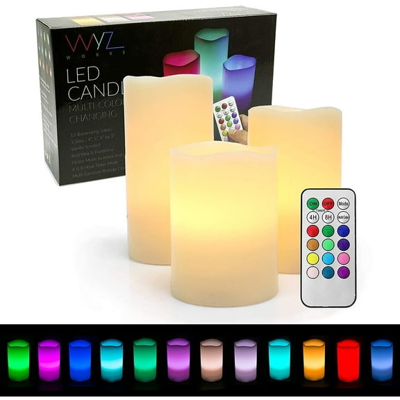 WYZworks Set of 3 LED Multi-Color Changing Real Wax Ivory Pillar Candles (4, 5, 6) w/Remote Control, Realistic Flameless Flicker Mode, Battery Operated, Waterproof Accent Decor Home Ligh