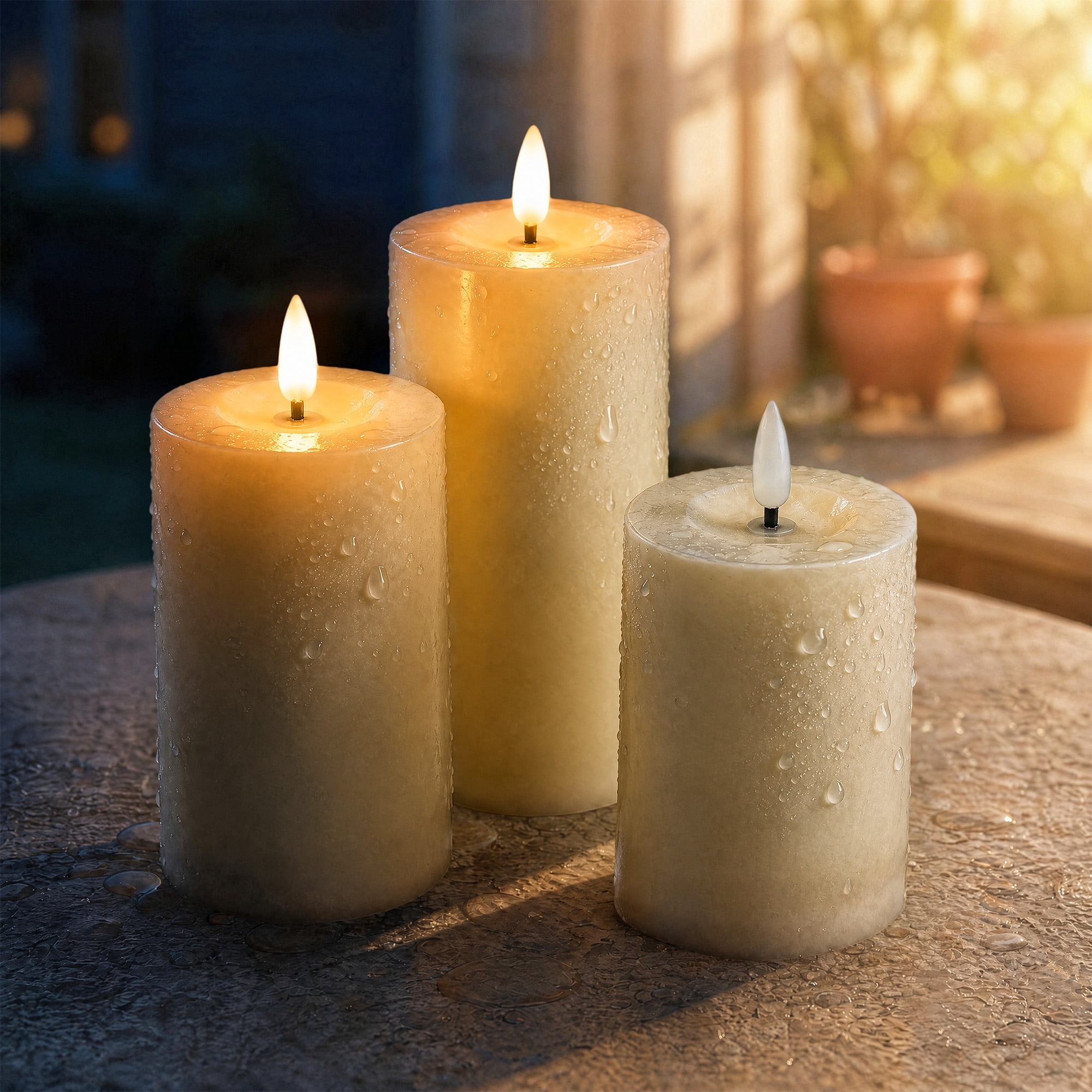 WYZworks Solar LED Flameless Pillar Candle Set of 3 – Ivory Outdoor Rechargeable Lights with Warm Flickering Wick, Weather-Resistant, Auto Dusk-to-Dawn (4", 5", 6")