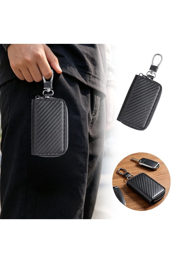 Carbon Fiber Textured Zipper Key Case with Carabiner Clip, Compact Universal Car Key Fob Pouch Small Coin Card Storage Wallet for Daily Travel Carry