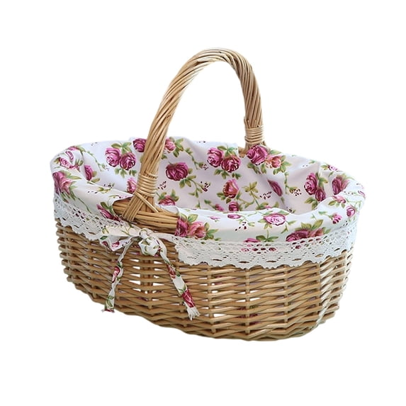WYanRUI Hand Woven Wicker Picnic Basket with Detachable Floral Liner & Carry Handle, Multipurpose Storage Tote for Outdoor Camping Wedding Photography Home Organizer Supplies