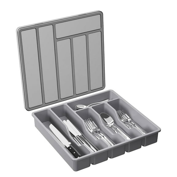 WYanRUI Lidded 6 Compartment Plastic Silverware Drawer Organizer Tray, Dustproof Flatware Cutlery Storage Caddy for Kitchen Counter Picnic Camping RV Kitchen Organization