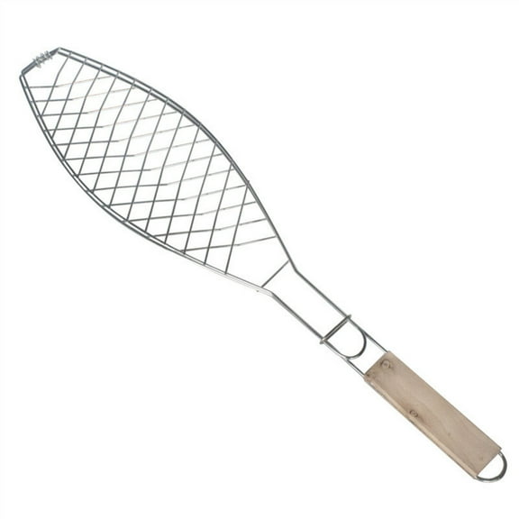 WYanRUI Stainless Steel Fish Shaped BBQ Grill Basket with Wooden Heat Resistant Handle, Grilling Mesh Clamp for Seafood Outdoor Backyard Camping Barbecue Cooking Tool,46.5X15X1.5CM,Silver