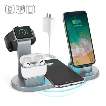 WZCPCV 6 in 1 Wireless Charging Station,Fast Charging Station for iPhone, iWatch, AirPods, Android Phone, Charging Station for Multiple Devices,Gary(Incloud Power Adapter)