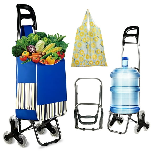 WZCPCV Foldable Stairs Climber Shopping Cart, Grocery Cart on Wheels,Heavy Duty Utility Cart Trolley, 2-in-1 Tri-Wheels Climbing Carts with Detachable Oxford Bag,Blue