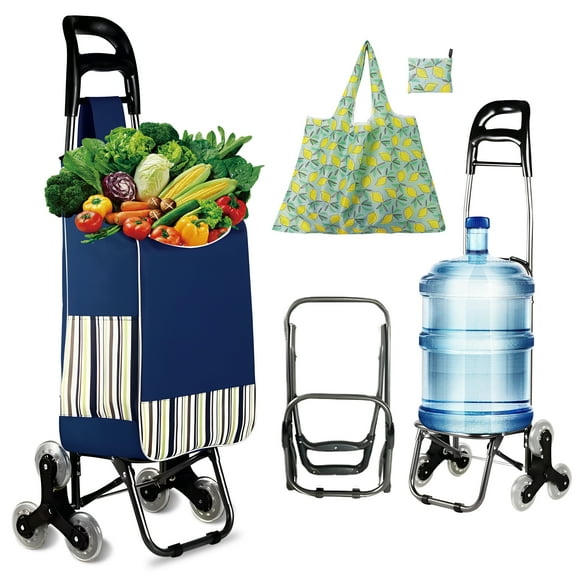 WZCPCV Foldable Stairs Climber Shopping Cart, Grocery Cart on Wheels,Heavy Duty Utility Cart Trolley, 2-in-1 Tri-Wheels Climbing Carts with Detachable Oxford Bag,Navy