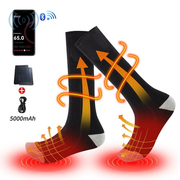 WZCPCV Rechargeable Electric Heated Socks with APP Control 5000mAh Rechargeable Heated Socks for Men Women Battery Heated Socks for Skiing Camping Running Cycling Black