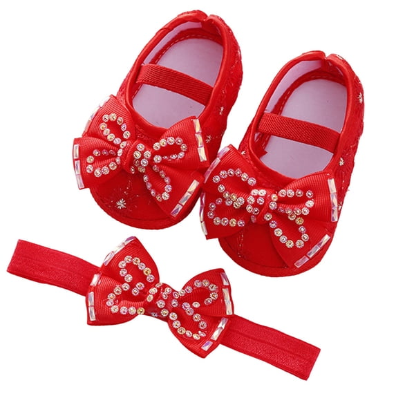 WZEIIOT Baby Girls First Walking Shoes Casual Rhinestone Soft Sole Sandals with Bow Headband