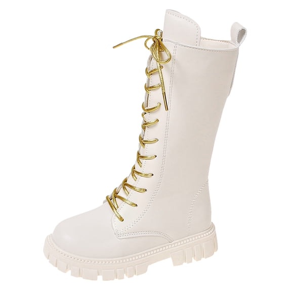WZEIIOT Girls Princess Boots Fall Leather Lace-Up Non- Flat School Comfortable Boots