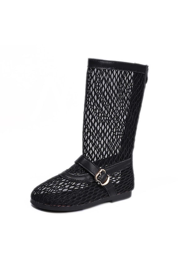 Girls Summer Mid-Calf Mesh Boots Casual Breathable Side Zipper Boots with Buckle