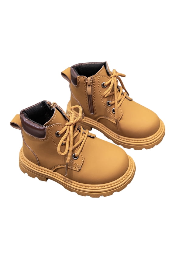 Toddler Boys Boots Solid Color Zipper Frosted Leather Round Toe Lace Up Ankle Boots Kids Boys Girls Non- British Style Retro Waterproof Comfort Work Boot Winter Boots