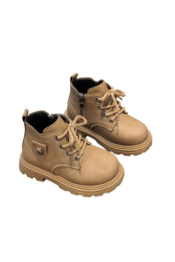 Toddler Boys Boots Solid Color Zipper Frosted Leather Round Toe Lace Up Ankle Boots Kids Boys Girls Non- British Style Retro Waterproof Comfort Work Boot Winter Boots