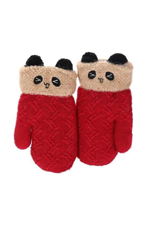 Toddler Boys Girls Winter Gloves Cotton Padded Warm Cute Comfortable Mittens Kids Cartoon Panda Design Daily Outdoor Play Gloves,Red,One Size
