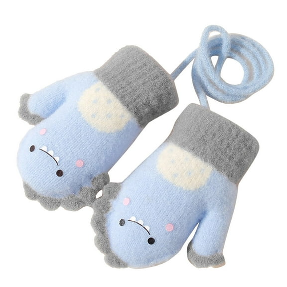 WZEIIOT Toddler Gloves Winter Cartoon Dinosaur Full Finger Fleece Lined Thick Neck Hanging Mittens Kids Boys Girls Outdoor Play Knitted Gloves，Blue，One Size